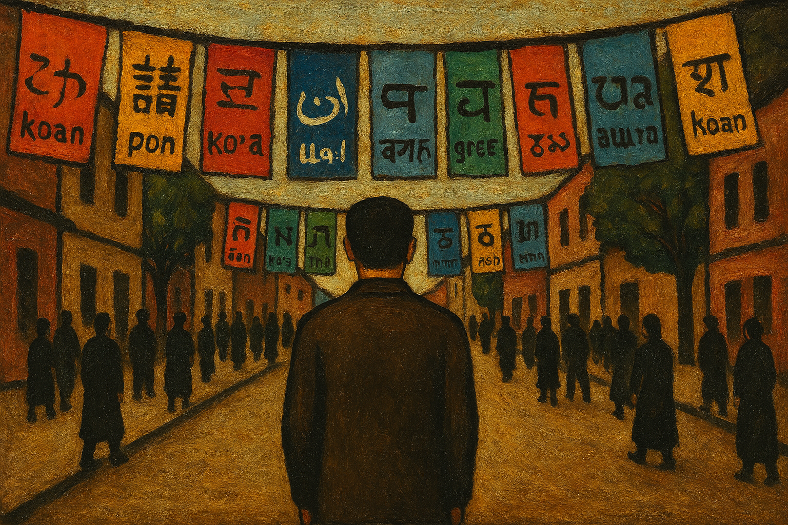 A solitary man stands in the middle of a busy street, seen from behind, looking ahead. Colorful fabric banners hang across the street on both sides, each banner displaying the word "koan" in different scripts and languages – Japanese, Chinese, Korean, Arabic, Hebrew, Cyrillic, Devanagari, Greek, Latin, Thai, Georgian, Armenian, Tibetan. The street is alive with anonymous pedestrians, simple buildings on both sides, maybe a few trees. Warm afternoon light.
Style: Naive painting in the manner of Georgian painter Niko Pirosmani – flat perspective, bold outlines, earthy colors with unexpected bright accents, slightly melancholic atmosphere, figures with dignified stillness, no sentimentality. Oil on oilcloth texture.